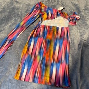 Multicolored one sleeve mini dress